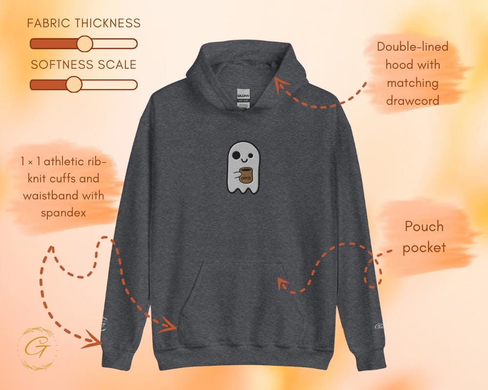 Halloween Hoodie, Embroidery Design Ghost Holding Coffee Mug Hoodie, Halloween Ghost with Coffee Pullover, Fun Ghost Graphic Hooded Sweater