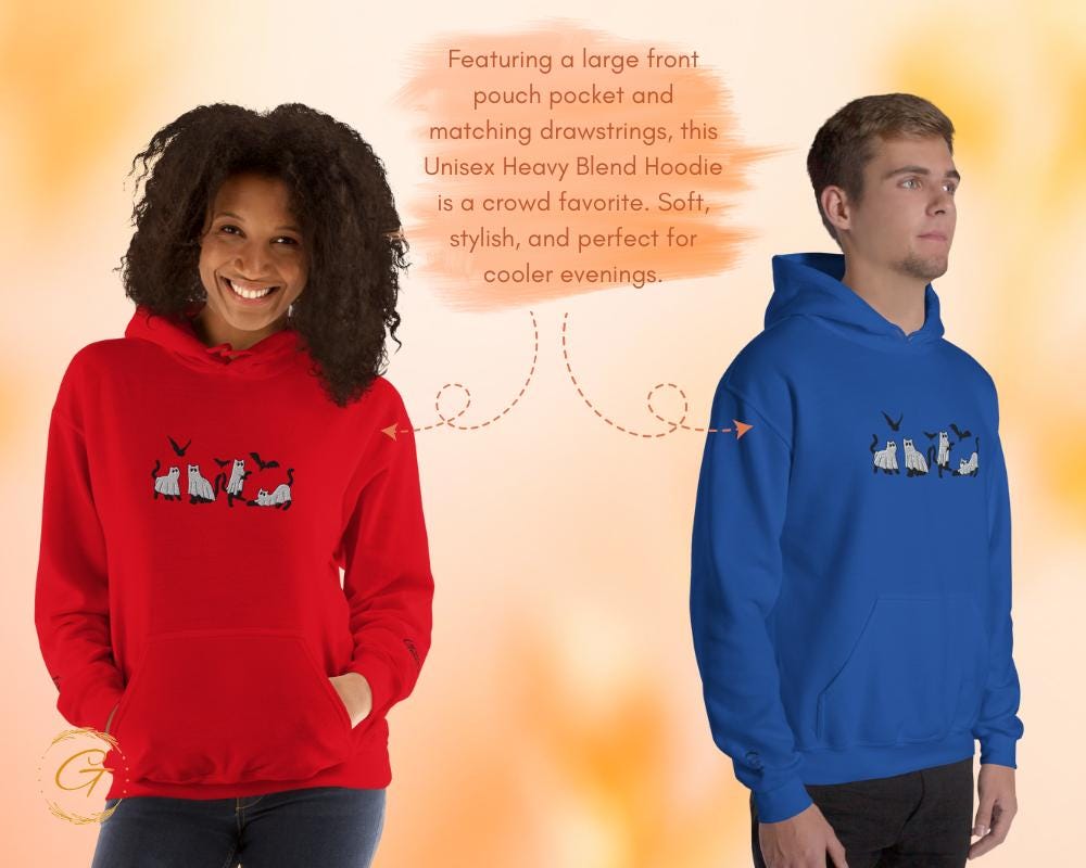 Halloween Hoodie, Cute Embroidery Cats Ghost Hoodie, Spooky Hooded Sweatshirt Spooky Ghost Cats Design Hooded Pullover Hooded Top for Fall
