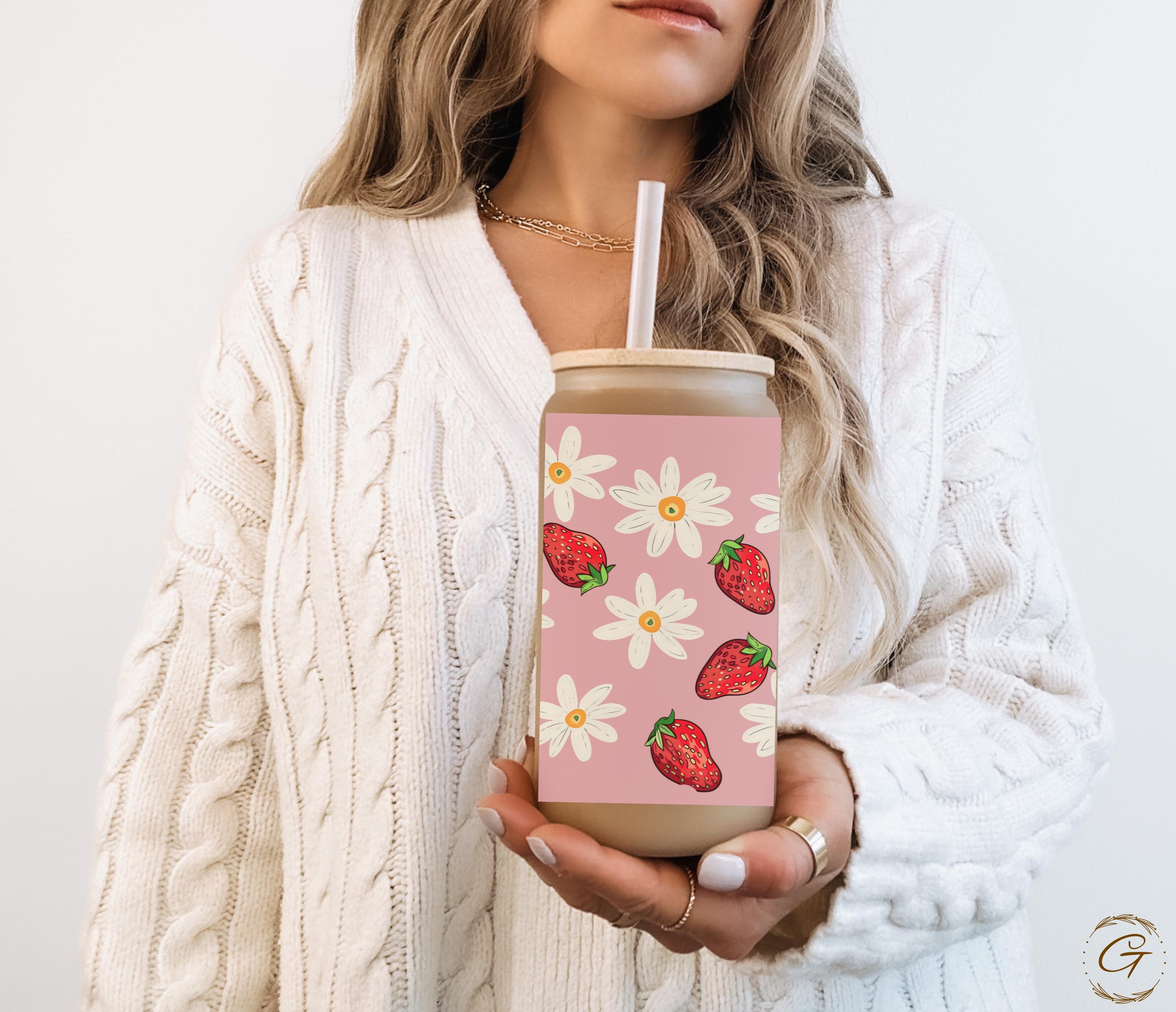 Strawberry and Daisy Design Frosted Glass Cup