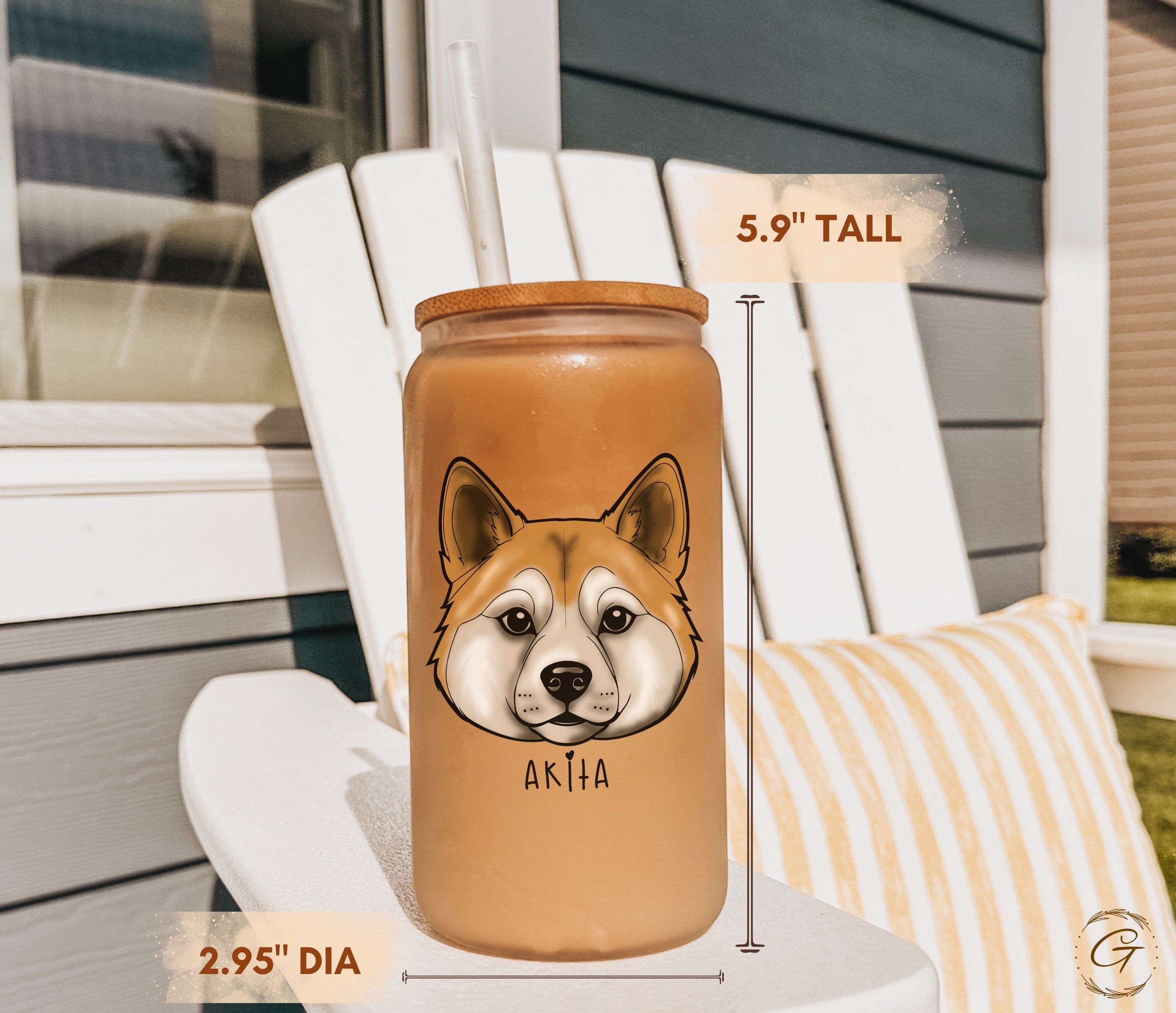 Akita Design Frosted Glass Tumbler with Personalized Name, Unique Dog Lover Gift Customized Drinkware for Dog Lover Gift Pet Lover Drinkware