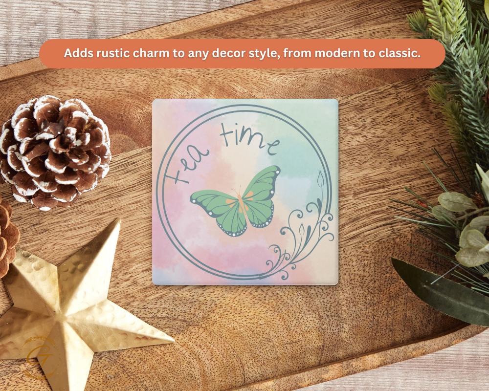 Elegant Square Stone Coasters with Tea Time & Butterfly Design