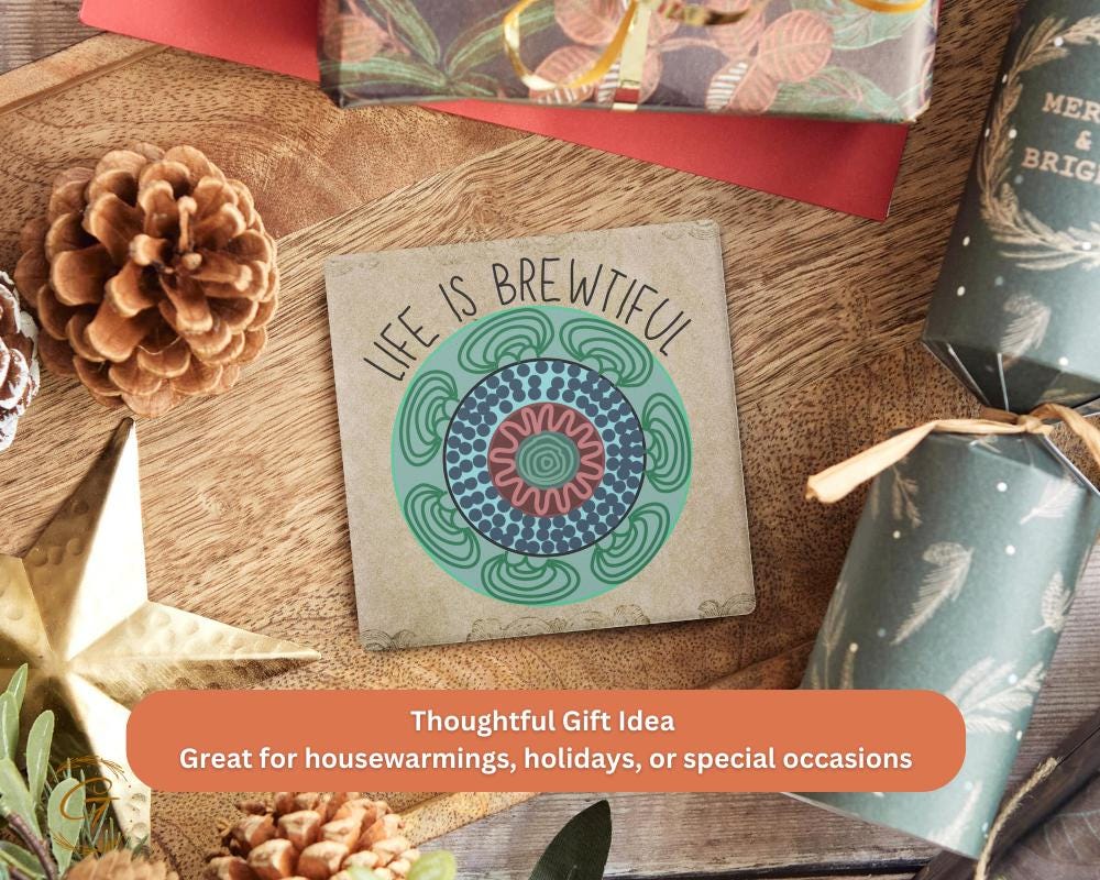 Soapstone Coaster with "Life Is Brewtiful" Design with Cork Backing Unique Coffee Lover Gift Inspirational Drink Coaster, Stylish Home Decor