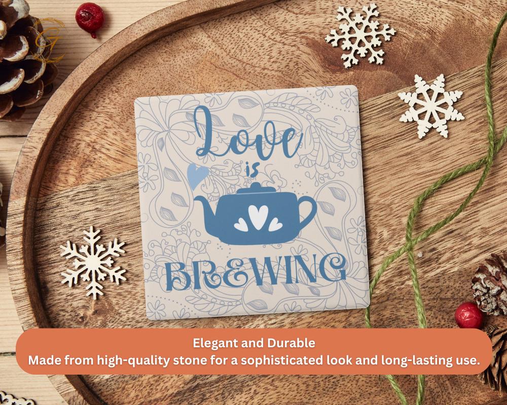 Soapstone Coaster with Love Is Brewing Design Cork Backing Perfect for Coffee Lovers Cute Gift Idea Home Decor, Stylish Drinkware Accessory