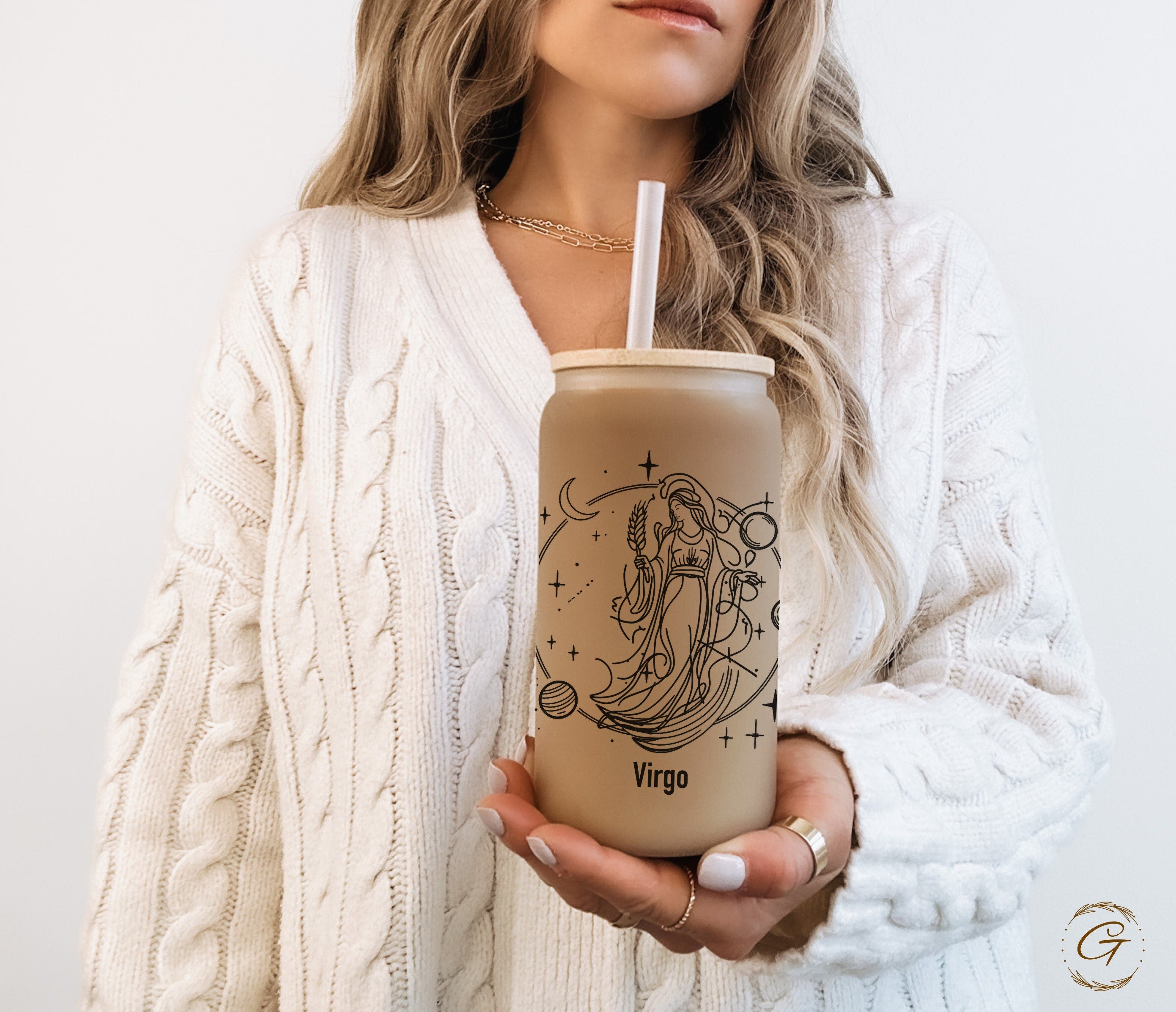 Virgo Zodiac Sign Frosted Glass Cup, Personalized Astrology Gift Coffee Cup
