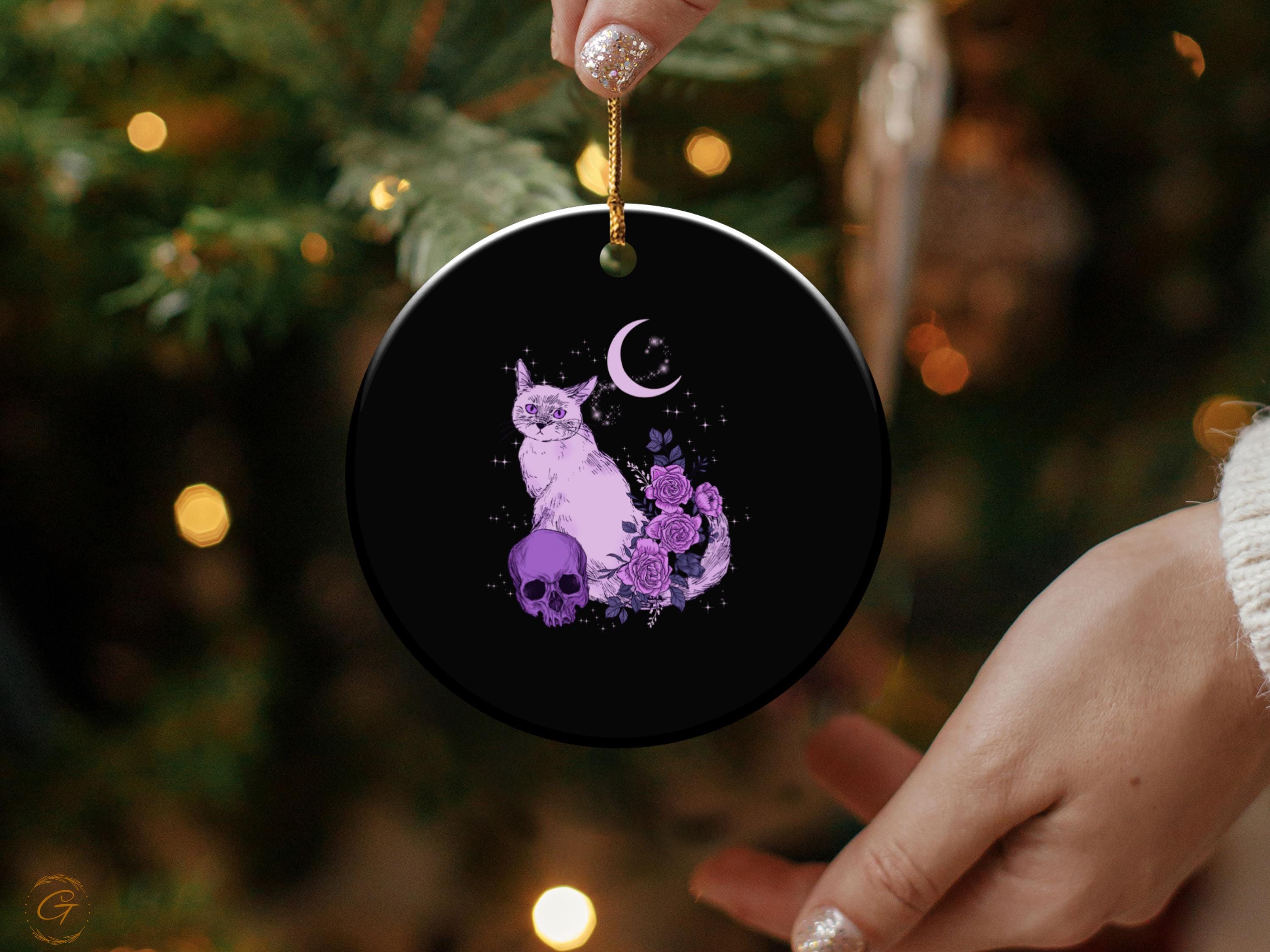 Gothic Black Cat Art Ornament, Moon and Roses Decor, Purple Cat Print, Mystical Home Decoration, Halloween Witchy Ornament Gift, Spooky Gift