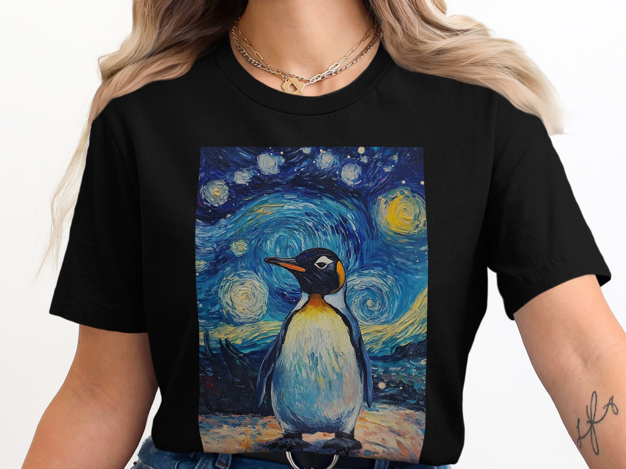 Vibrant Starry Night Penguin Design T-Shirt product