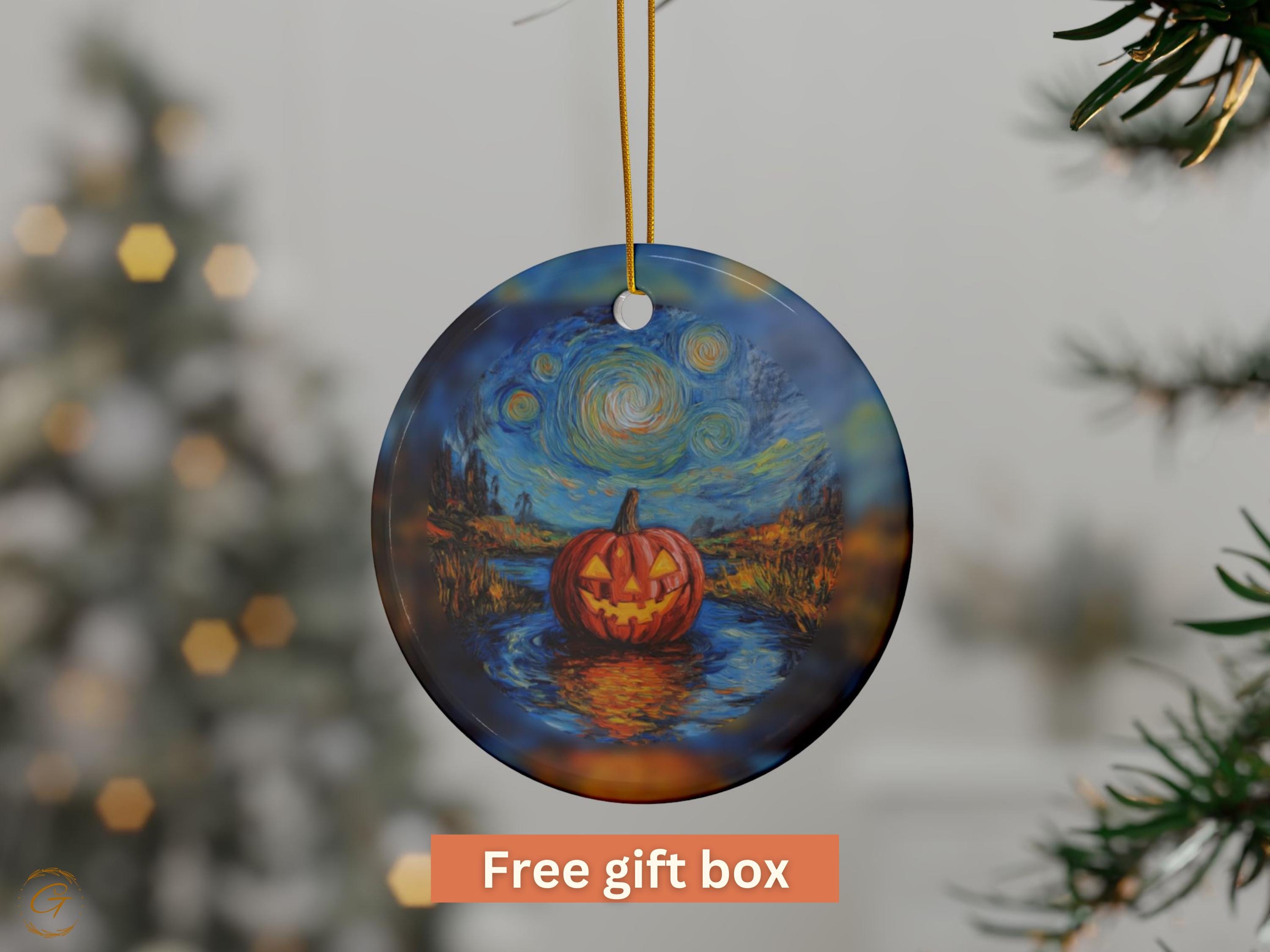 Halloween Pumpkin Ornament, Starry Night Design, Unique Holiday Decoration, Hand-painted Pumpkin Art Ornament Halloween Ornament Decoration