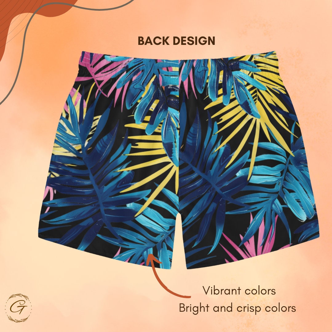 Vibrant Palm Leaves Swim Trunks, Colorful AOP Design Perfect for Beachwear Vibrant Colorful Design Swim Trunks Great for Summer Beach Shorts