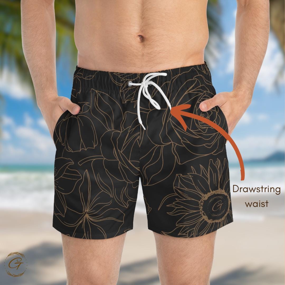 Black and Gold Floral AOP Swim Trunks