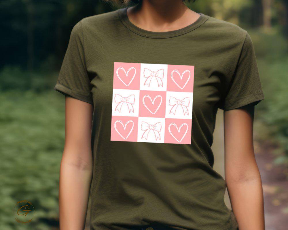 Valentines T-Shirt, Checkered Cute Bow and Heart Tee