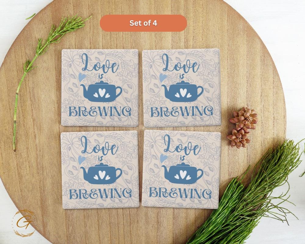 Soapstone Coaster with Love Is Brewing Design Cork Backing Perfect for Coffee Lovers Cute Gift Idea Home Decor, Stylish Drinkware Accessory