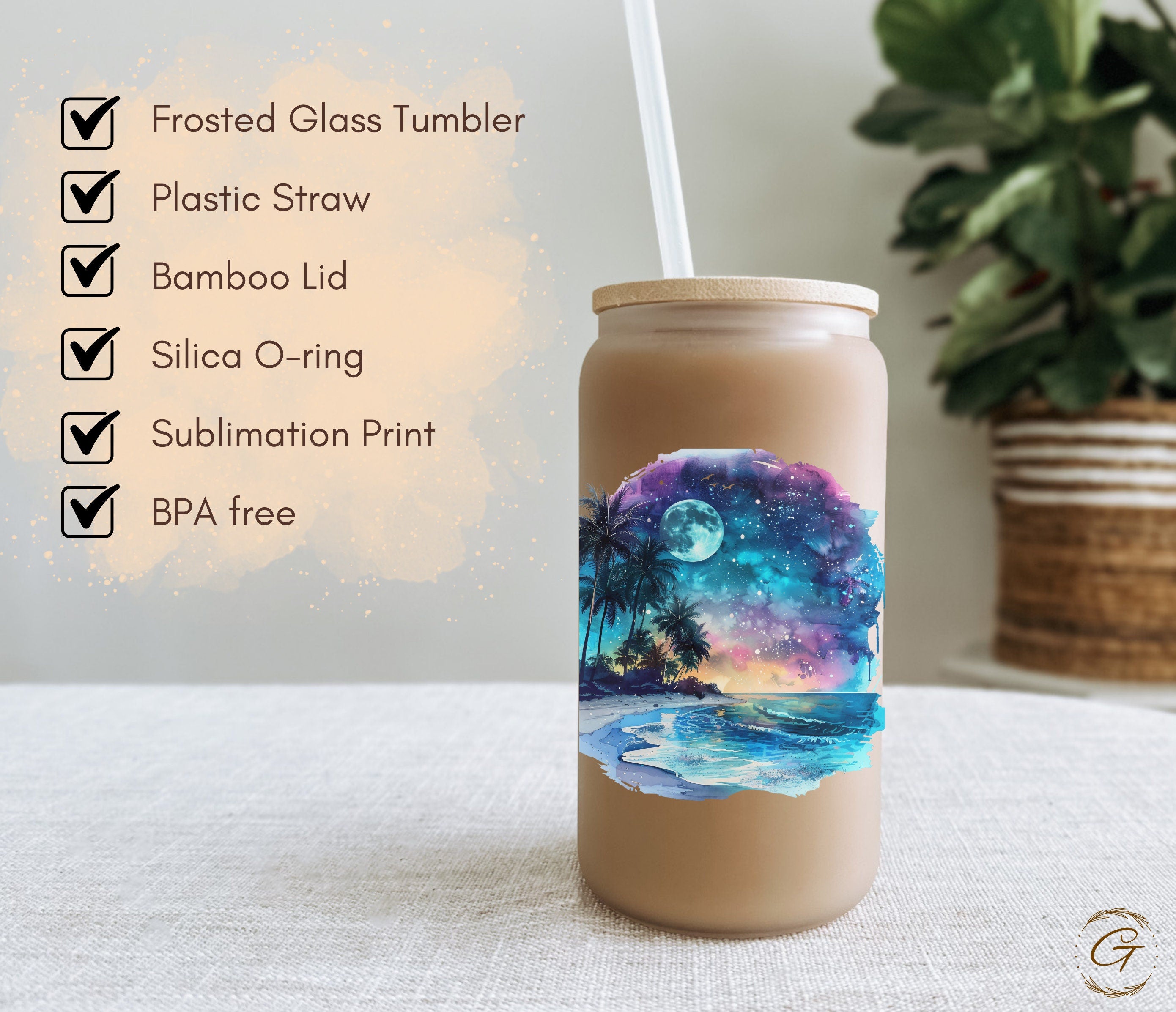 Tropical Night Beach Scene Personalized 16-oz Frosted Glass Cup