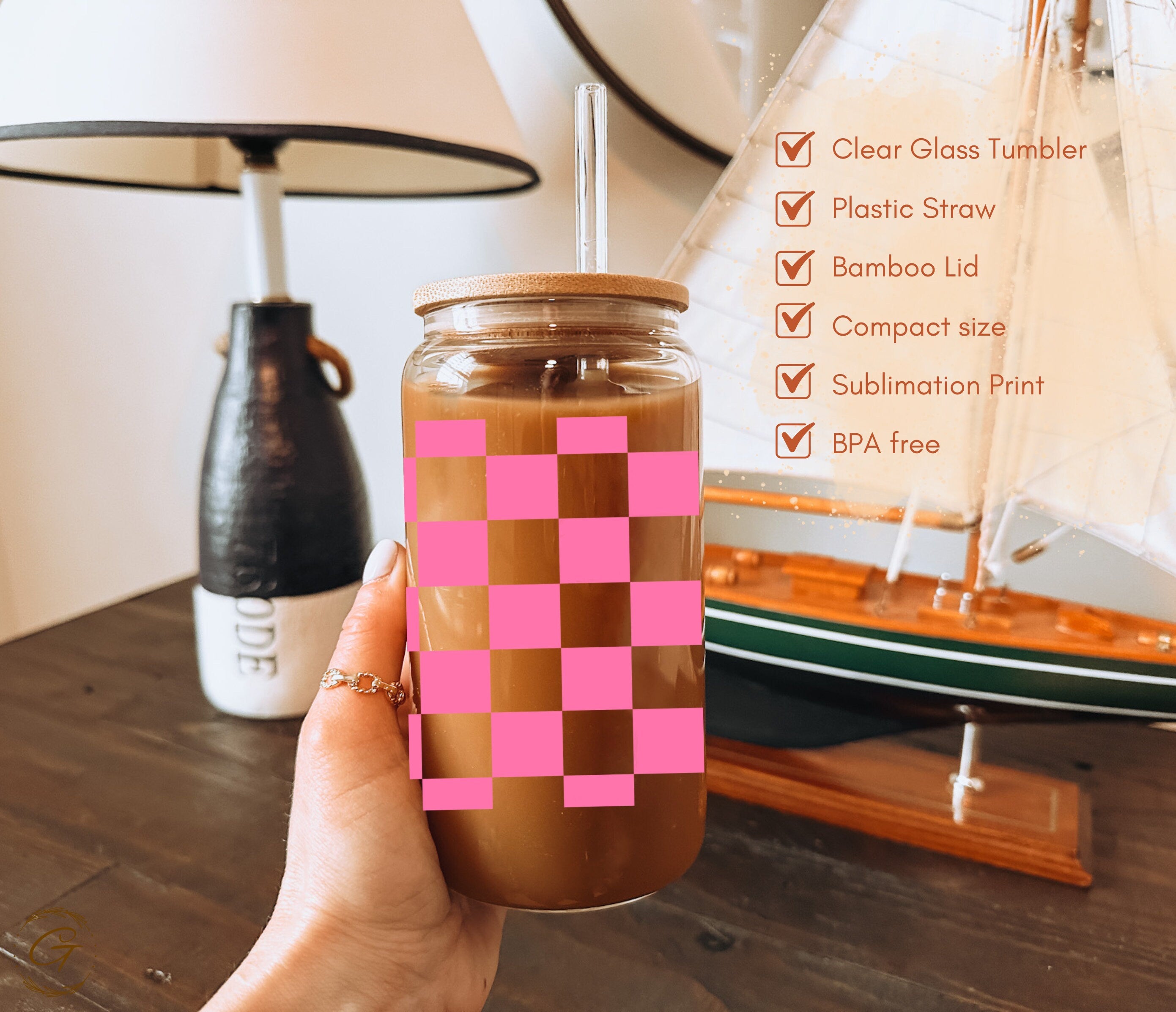 Personalized Pink Checkerboard Libbey Glass