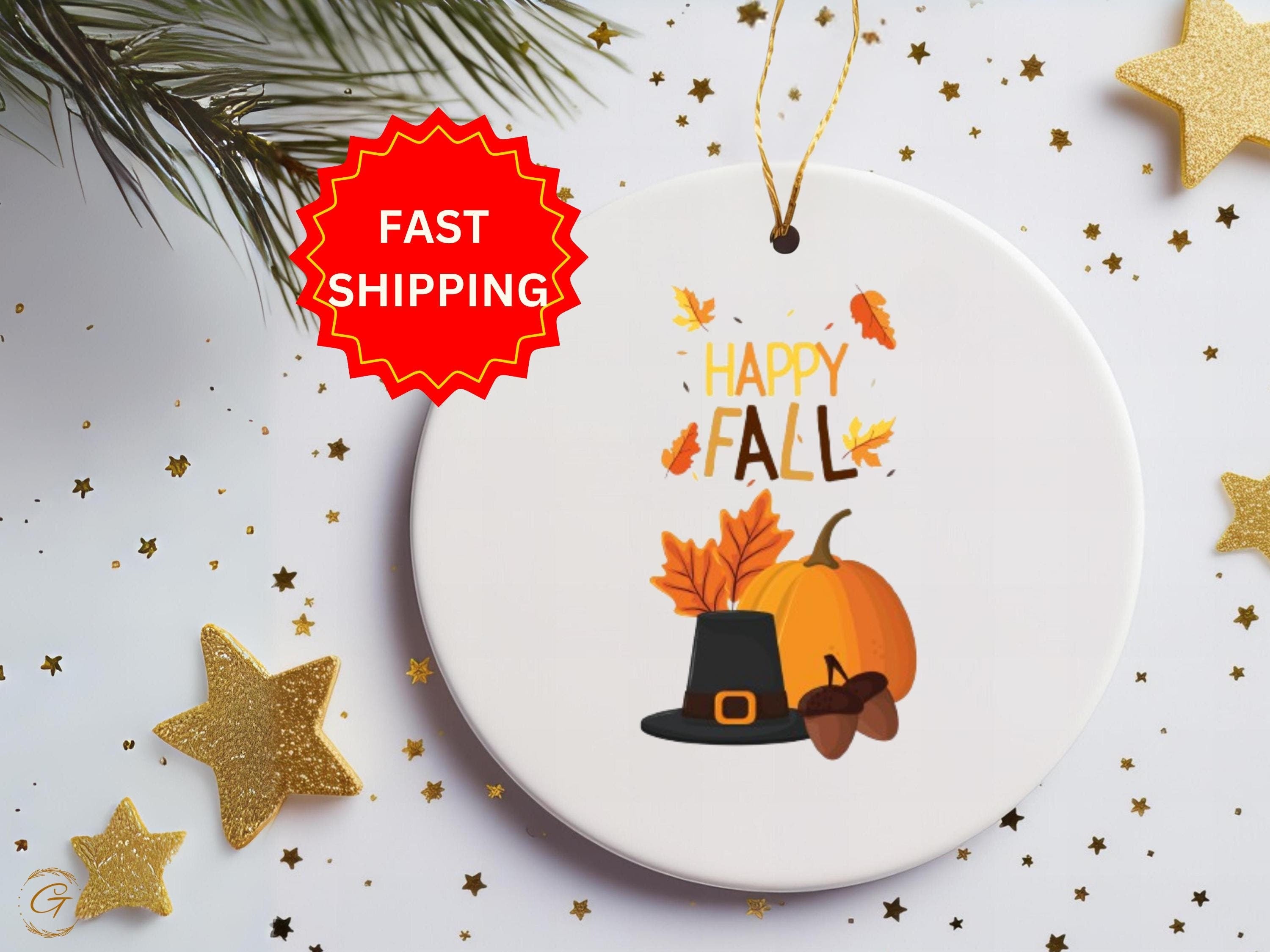 Happy Fall Pumpkin Ornament, Thanksgiving Decor, Autumn Harvest Display, Fall Leaves and Acorn Decoration, Pilgrim Hat Accent