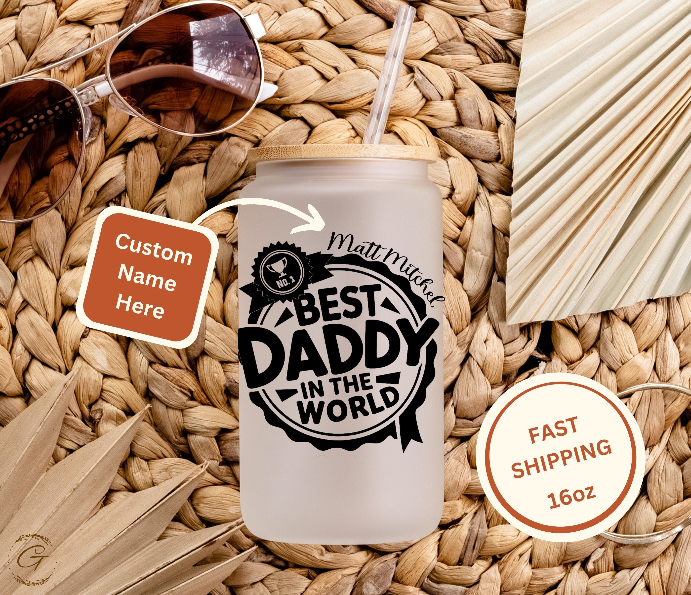 Custom Name Best Daddy in the World Frosted Glass Cup 16oz, Perfect Unique Father’s Day Gift, Ideal for Morning Coffee, Thoughtful Dad Gift