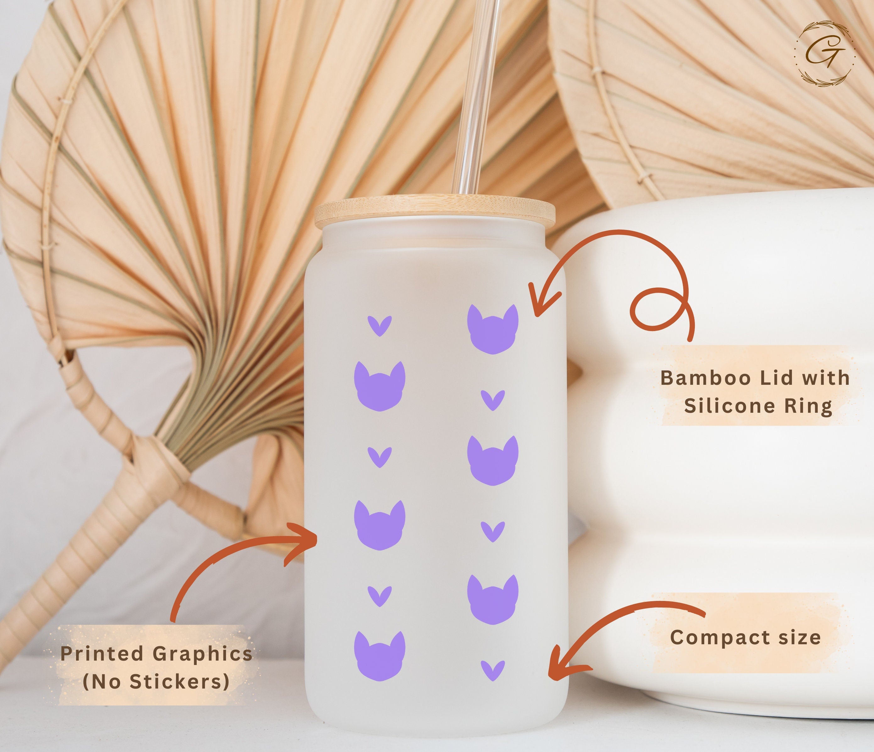 Cat & Heart Mint Frosted Glass Cup Cat Lover Frosted Cup
