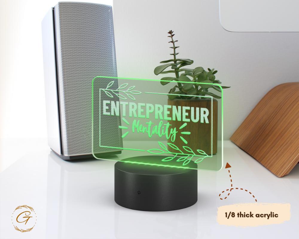 Entrepreneur Mentality Name Plate Acrylic LED Light, Motivational Sign, Custom LED Room Decor, Unique Gift for Entrepreneurs, Success Decor