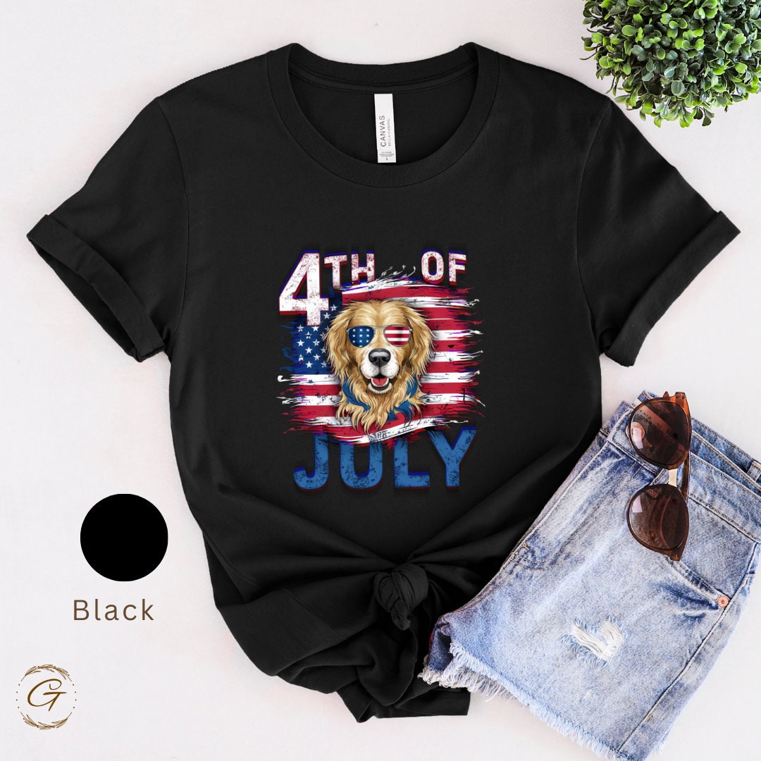 4th of July T-Shirt, US Flag with Golden Retriever Dog Design Tee
