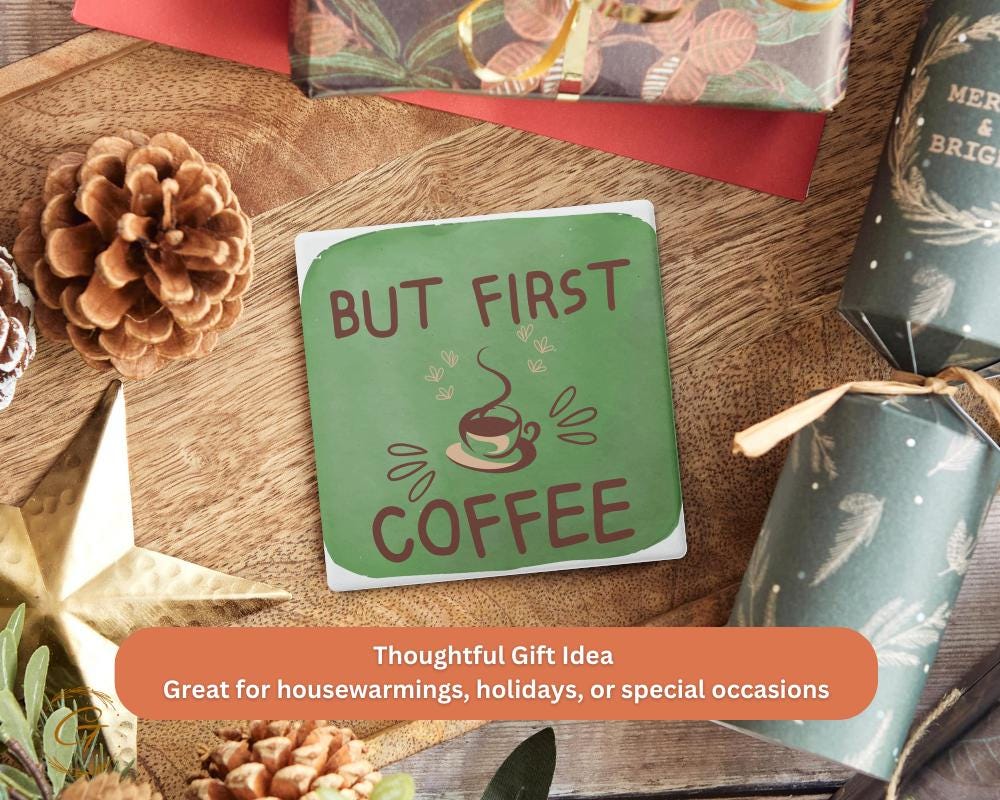 Square Stone Coaster with a Quote "But First Coffee" Cork Backing Stylish Absorbent Coaster Ideal For Coffee Lovers Kitchen and Office Decor
