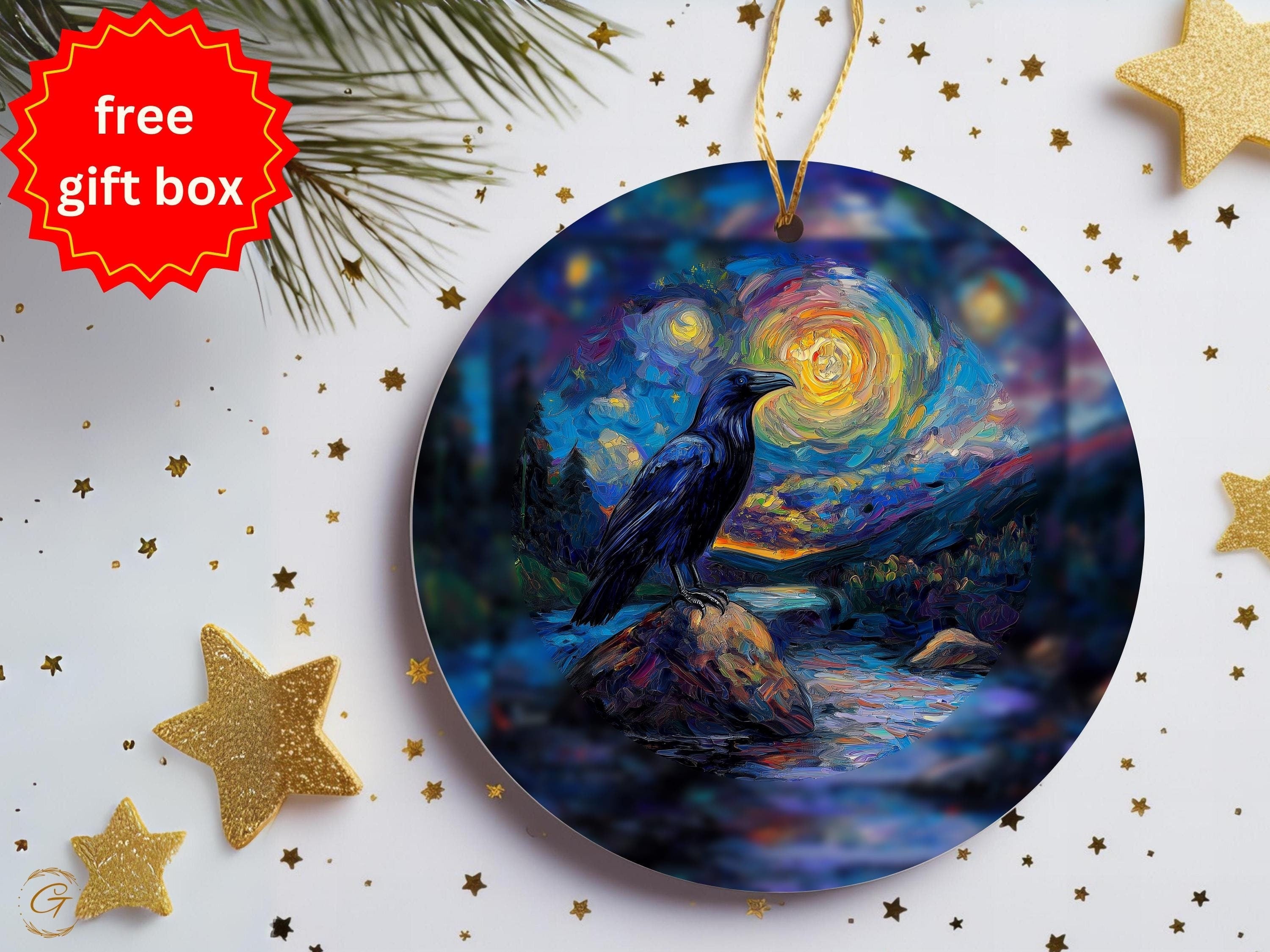 Halloween Raven Moonlit Night Art, Colorful Painting, Landscape Bird Decors, Nature Inspired Artworks, Unique Ornaments, Gift for Art Lovers