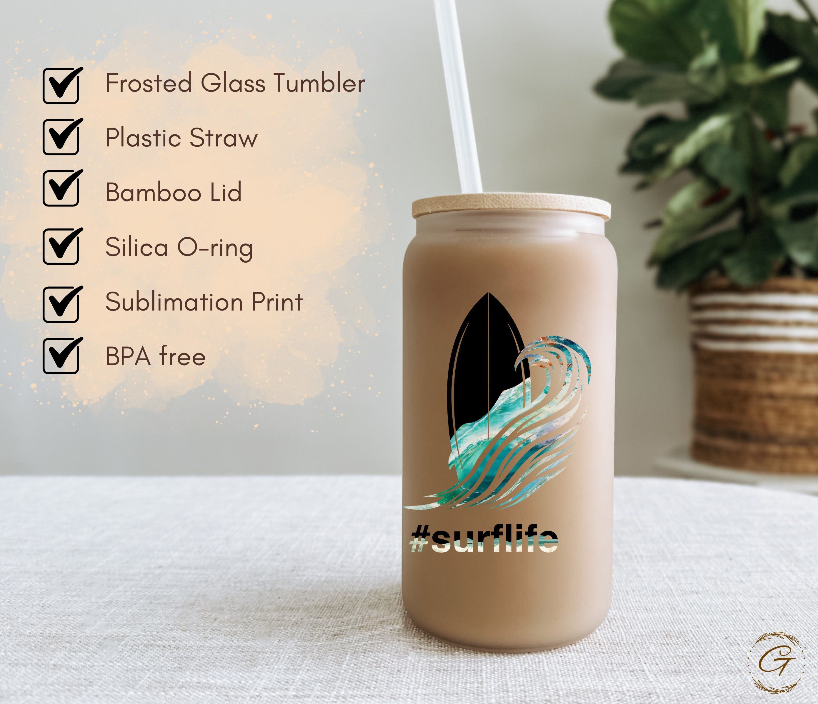 Surf Life Design Frosted Glass Cup, Personalized Beach Waves Libbey Cup