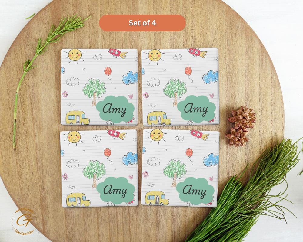 Personalized Soapstone Coaster with Custom Kids Name Design with Cork Backing, Stylish Unique Gift for Kids, Personalized Names Drink Holder