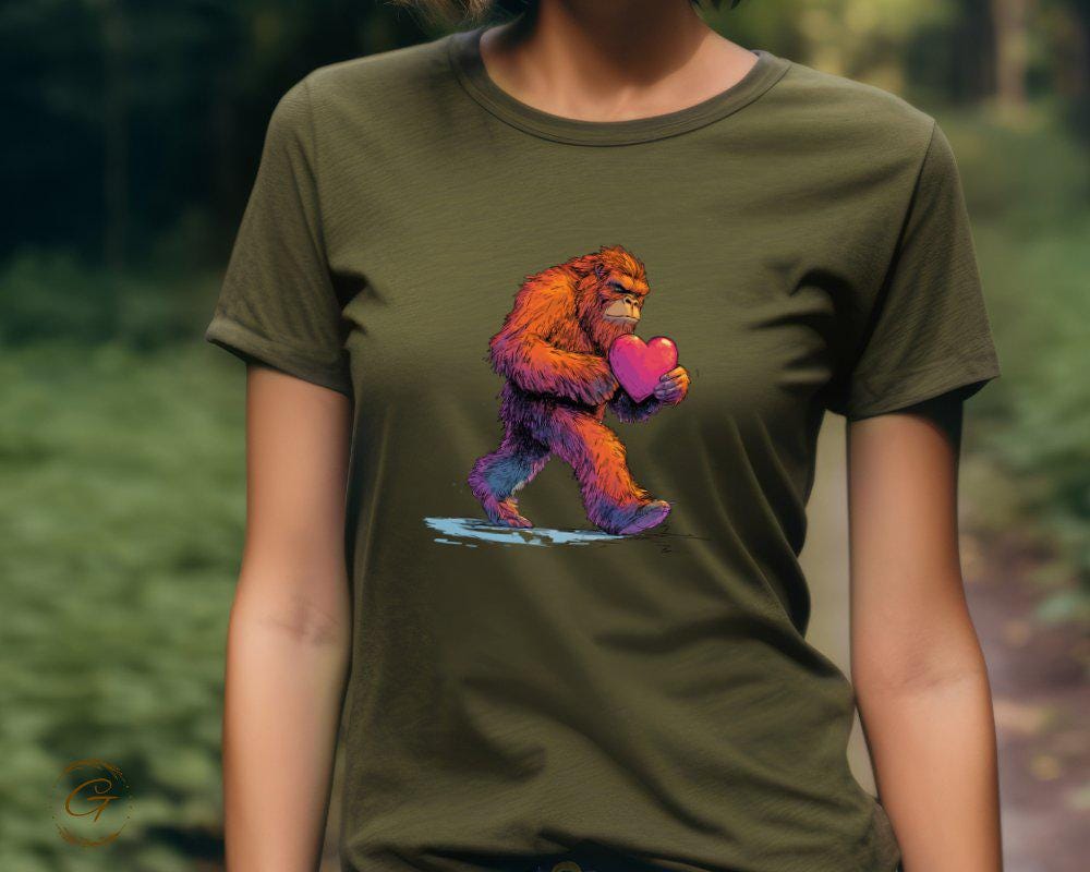 Bigfoot Sasquatch Holding Heart Graphic Tee