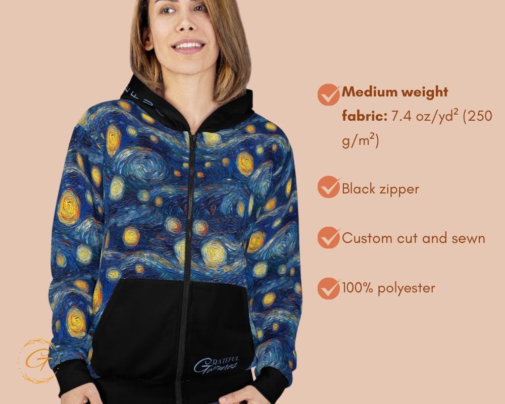 Starry Night Unisex Zip Hoodie All-Over Print Van Gogh Inspired Sweatshirt