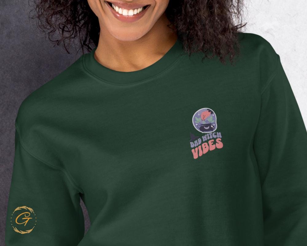 Halloween Sweatshirt, Embroidery Design Sweater, Bad Witch Halloween Pullover, Spooky Crewneck, Witchy Long-Sleeve Top, Cozy Warm-Up Sweater