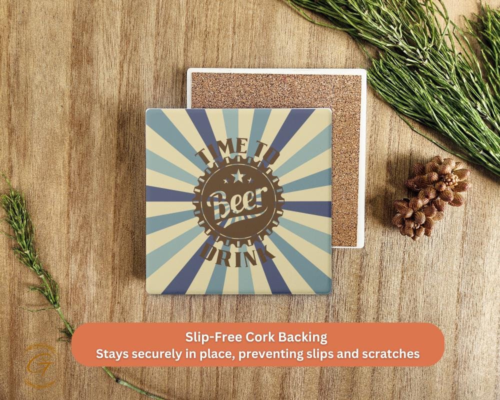 Soapstone Coaster with Time To Drink Beer Retro Design, Unique Cork Backing Cool Bar Coasters, Perfect Gift for Beer Lovers, Drinkware Decor