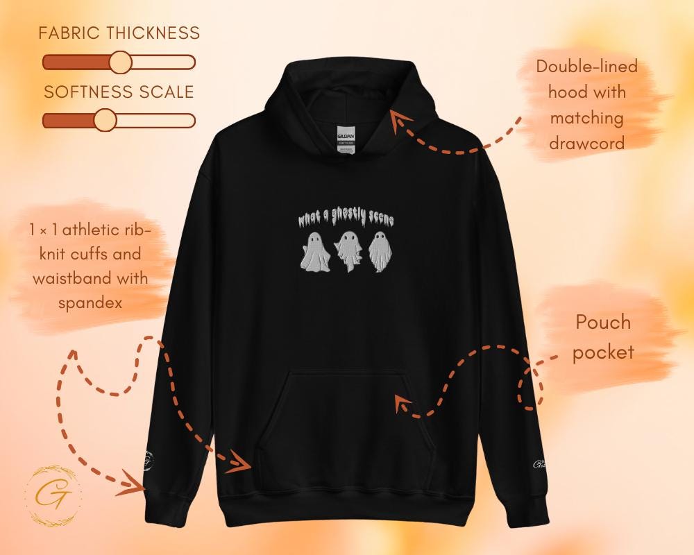 Halloween Hoodie, Embroidery Design Hooded Sweater, Cute Ghost Pullover Hoodie, Cozy Halloween Hooded Sweatshirt, Spooky Season Warm-up Top