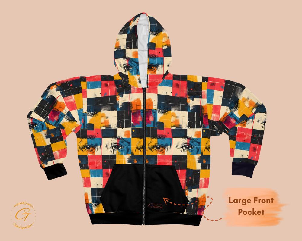 Retro Checkered Zip Hoodie All-Over Print