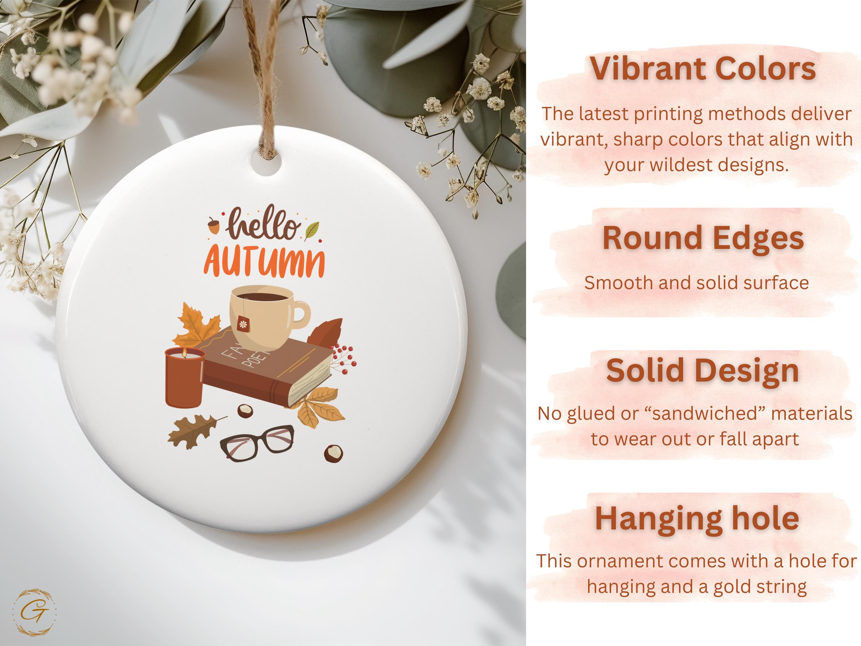 Hello Autumn Ornament, Cute Fall Decor, Autumn Themed Gift, Cozy Seasonal Decoration, Fall Coffee Mug Design, Autumn Leaf Art, Cozy Book Art