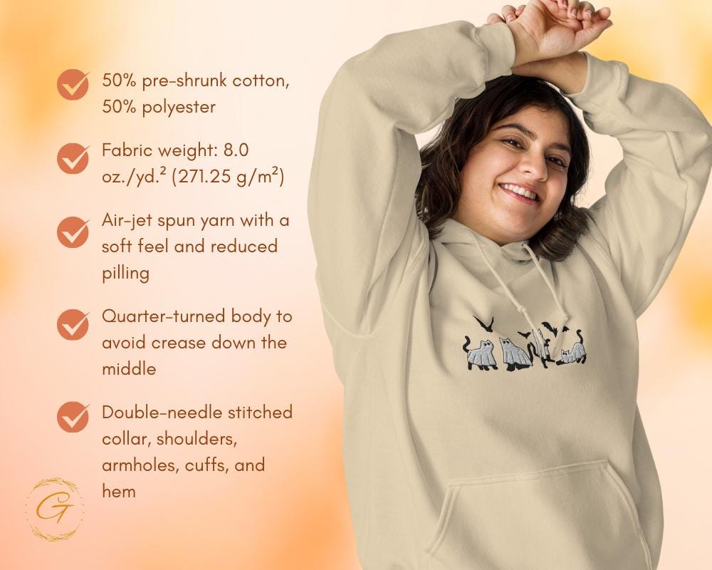 Halloween Hoodie, Cute Embroidery Cats Ghost Hoodie, Spooky Hooded Sweatshirt Spooky Ghost Cats Design Hooded Pullover Hooded Top for Fall