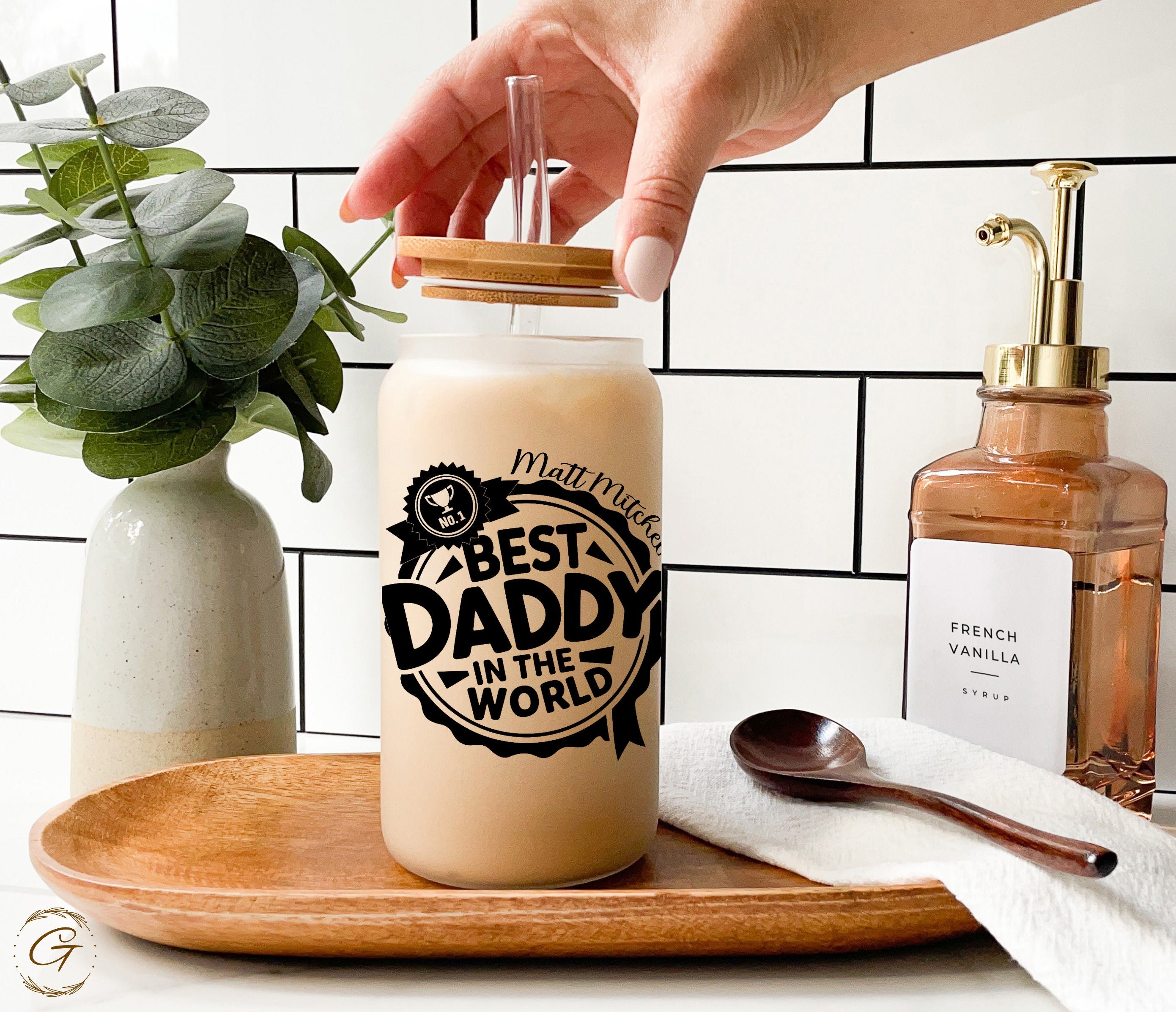 Custom Name Best Daddy in the World Frosted Glass Cup 16oz, Perfect Unique Father’s Day Gift, Ideal for Morning Coffee, Thoughtful Dad Gift