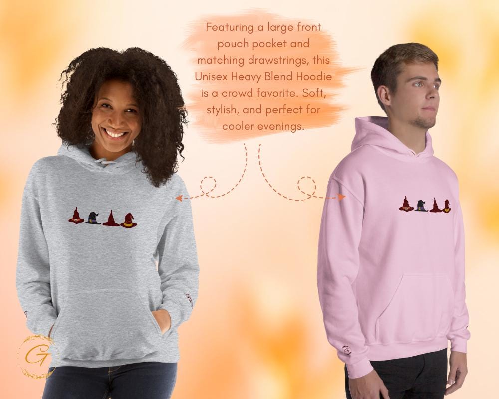 Halloween Hoodie, Stylish Embroidery Design Hooded Sweatshirt, Unique Hooded Pullover, Wizard Hat Graphic Hooded Sweatshirt, Cozy Hooded Top