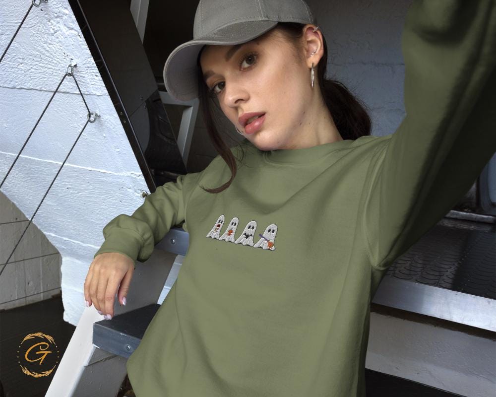 Halloween Sweatshirt, Four Boos Embroidery Design Crewneck, Spooky Season Pullover, Casual Sweater, Ghost Long-Sleeve Top,Spooky Warm-Up Top