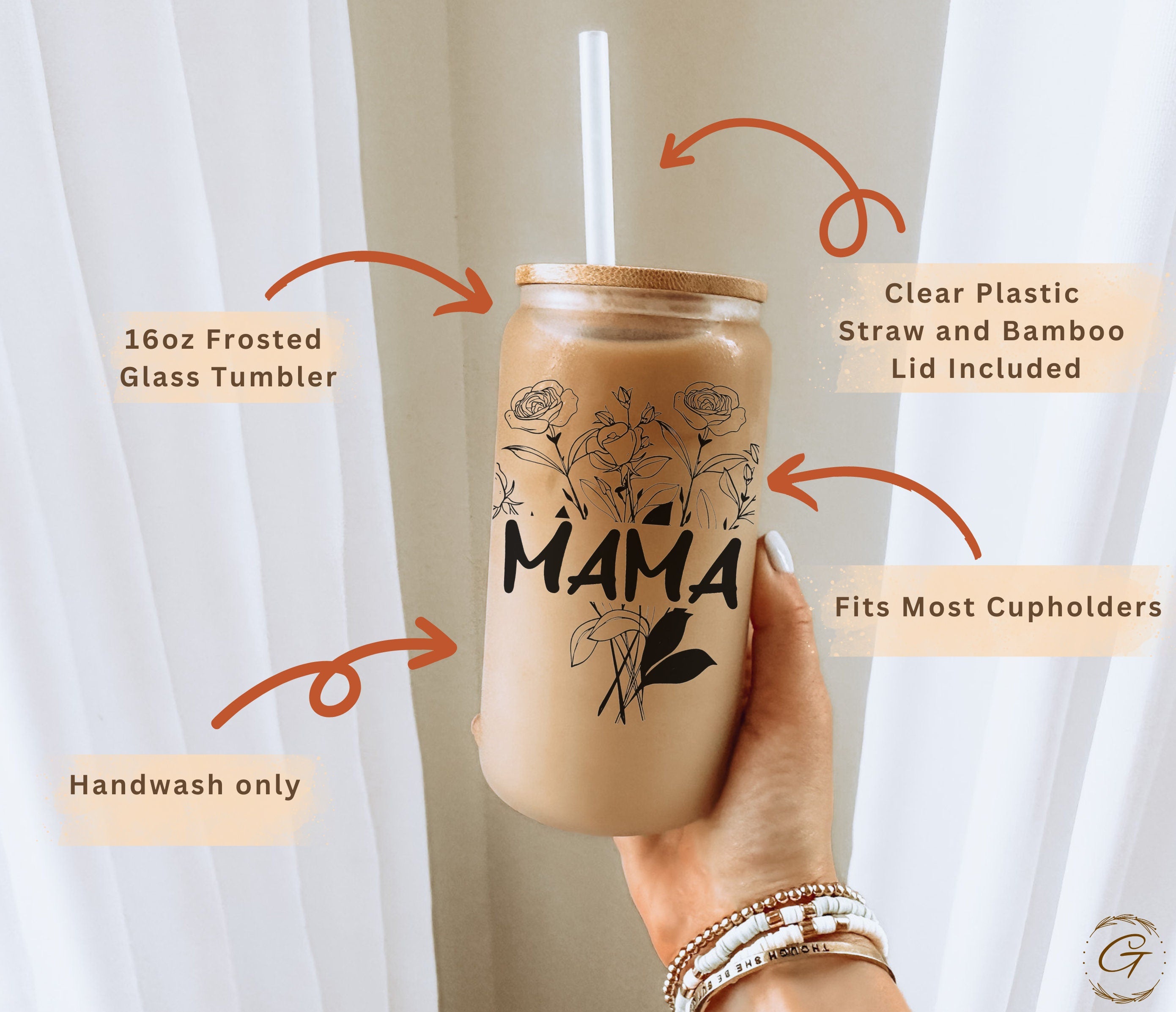 Frosted Glass Tumbler with Rose Mama Design, Stylish & Durable Drinkware, Beautiful Floral Mug Great for Coffee or Tea, Lovely Gift for Moms