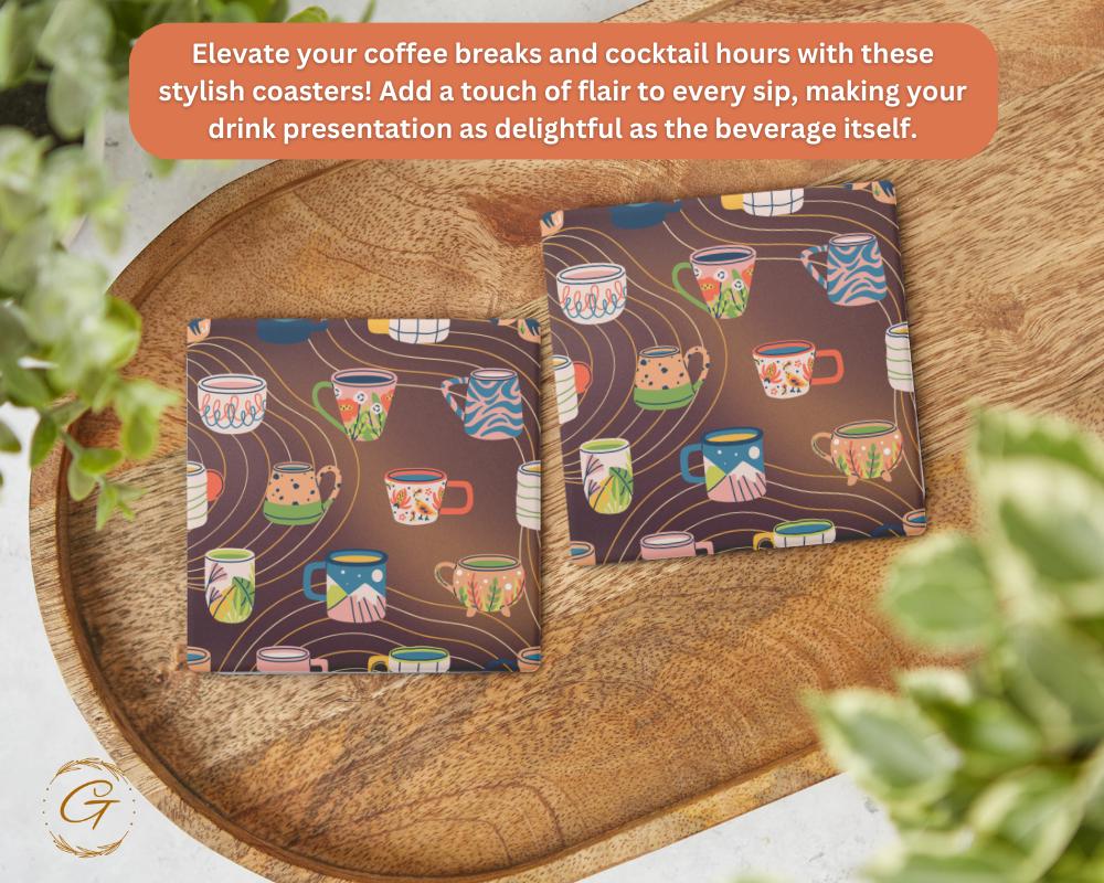 Soapstone Coaster with Colorful Tea Cups Design and Cork Backing, Stylish Drink Holder Tea Lover Gift, Unique Home Decor Vibrant Coaster Set