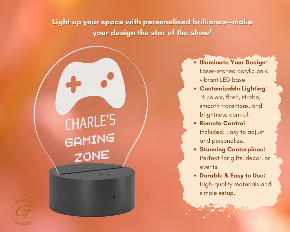 Hobby Gamer Design Circle Acrylic LED Sign, Personalized Room Decor