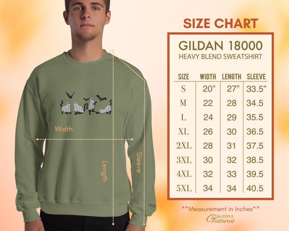 Halloween Sweatshirt, Embroidery Ghost Cats Sweatshirt Spooky Casual Sweatshirt, Long-Sleeve Crewneck Cozy Cute Ghost Cat Design Warm-Up Top