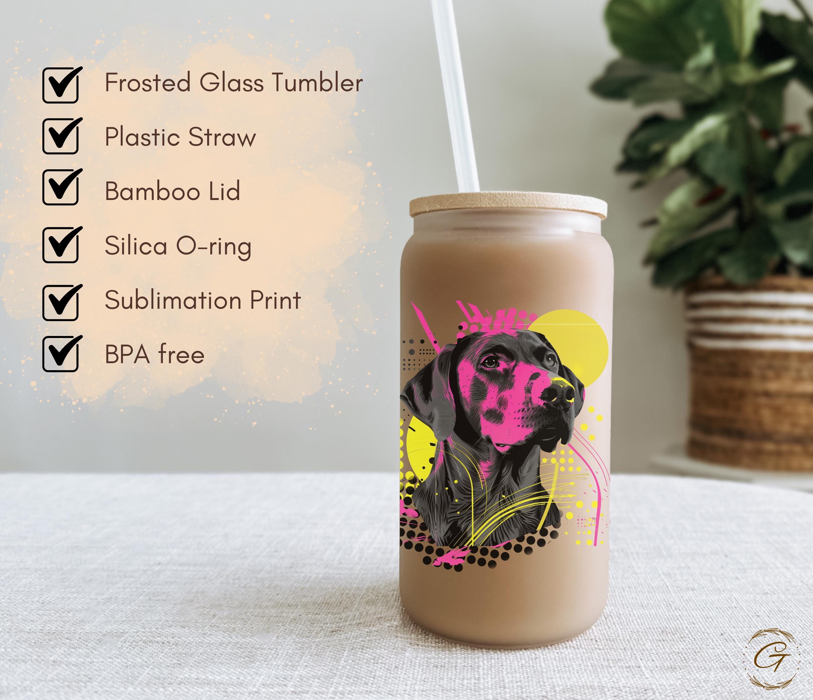 Dog Art Neon Colored Design Frosted Glass Cup