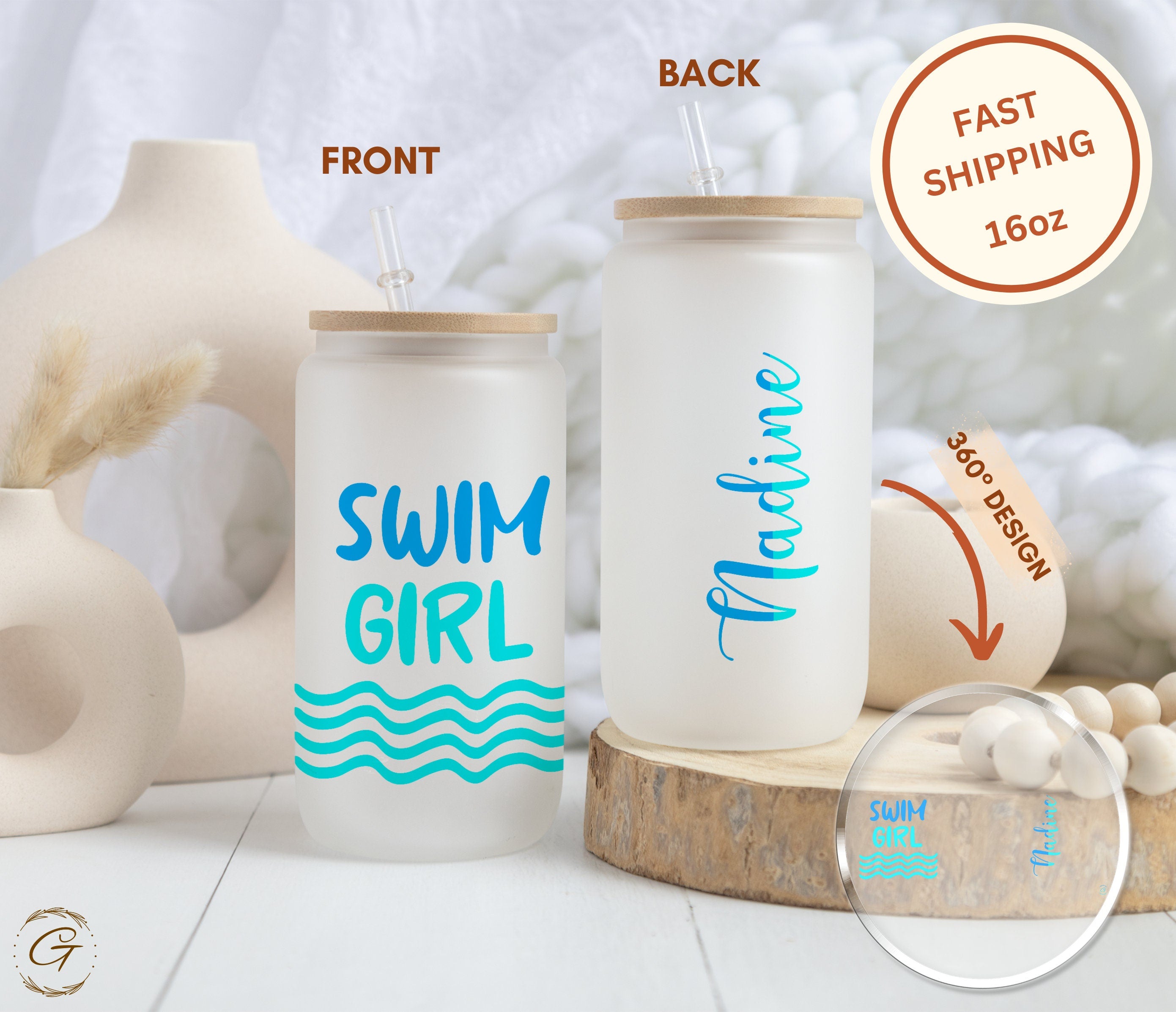 Swim Girl Frosted Glass Cup, Personalized Libbey Cup