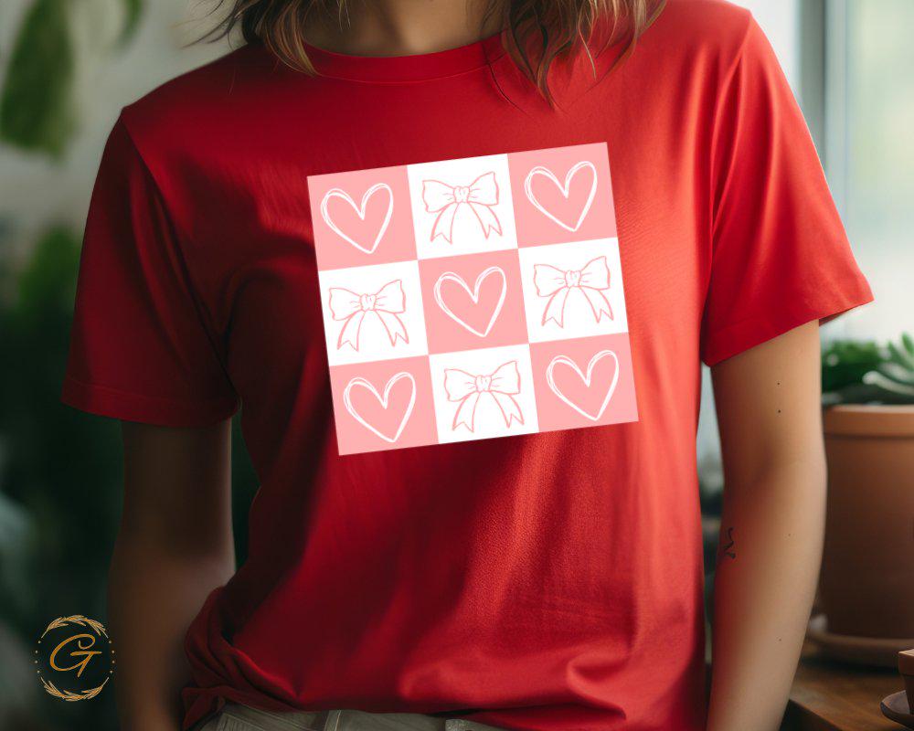 Valentines T-Shirt, Checkered Cute Bow and Heart Tee