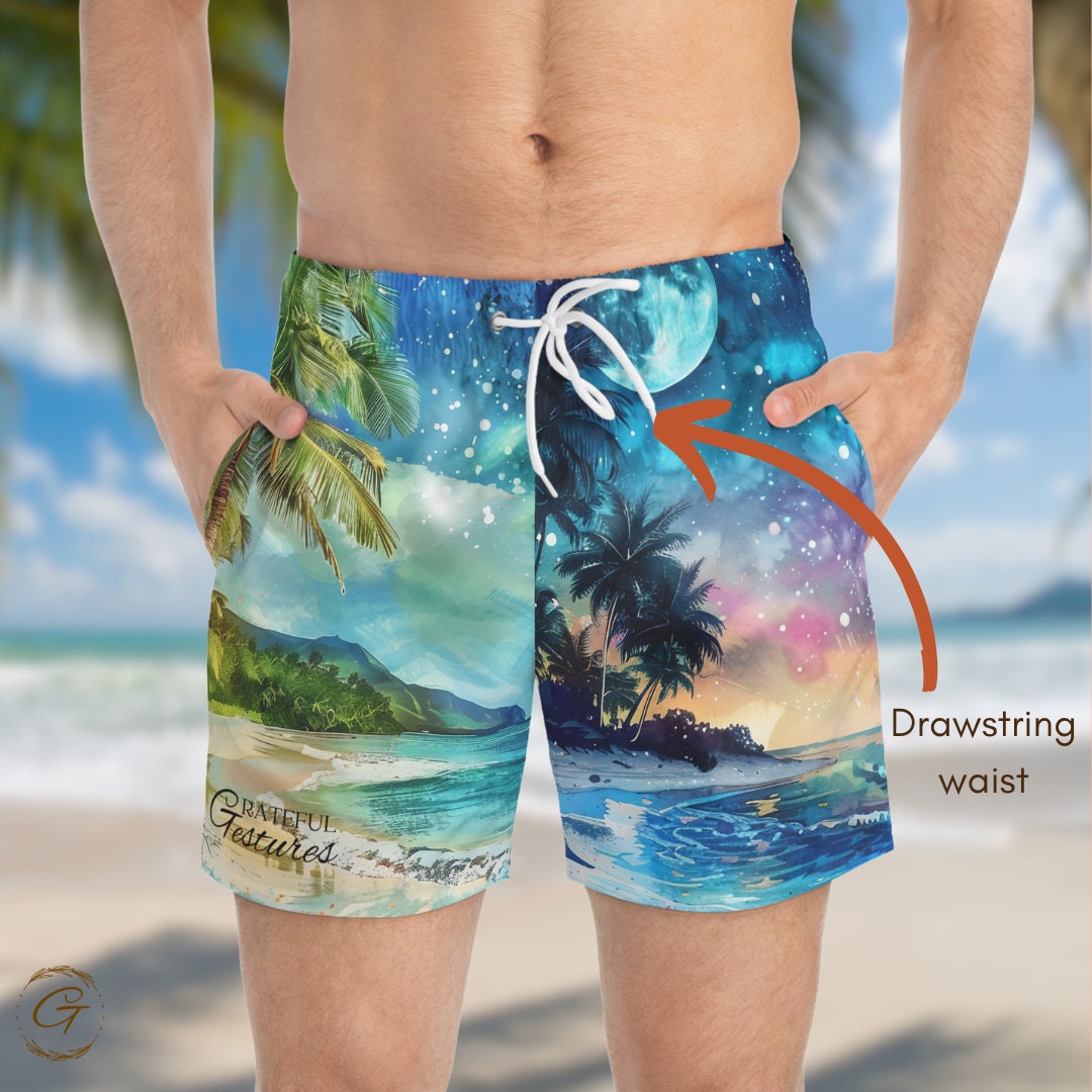 Tropical Beach Swim Shorts, Colorful AOP Design, Perfect for Summer Fun, Beachwear Gift, Tropical Beach Design, Perfect Idea for Summer Gift
