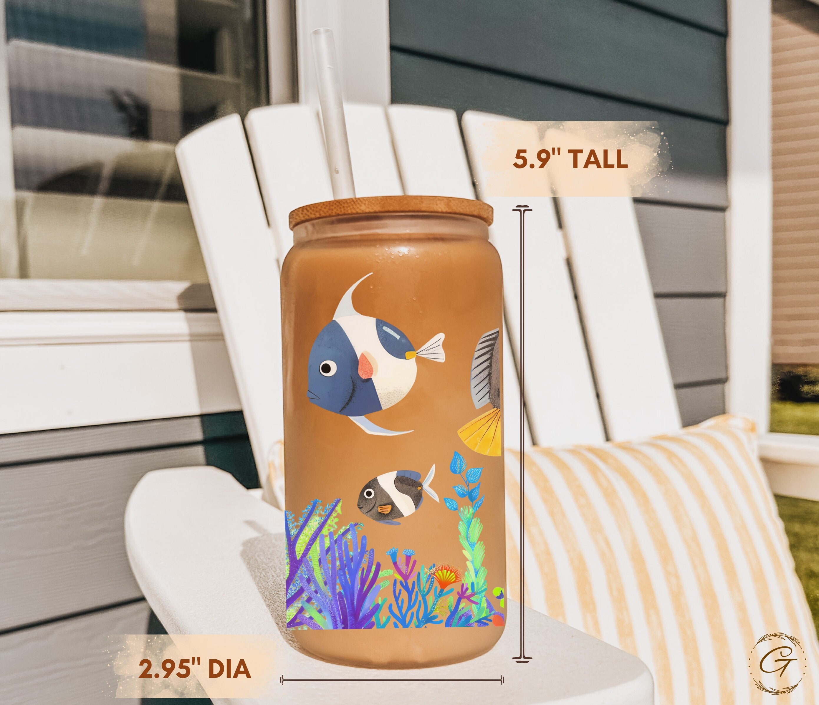 Fish and Corals Design Frosted Glass Cup