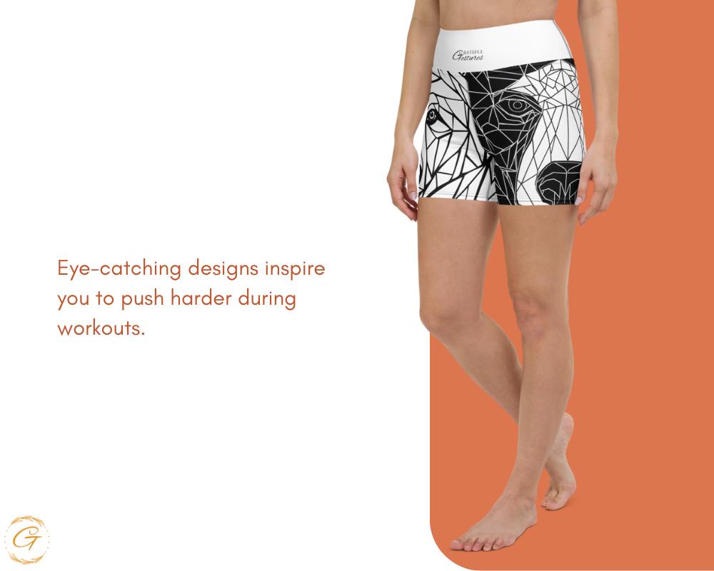 AOP High-Waisted Yoga Shorts with Geometric Bear Mosaic Design
