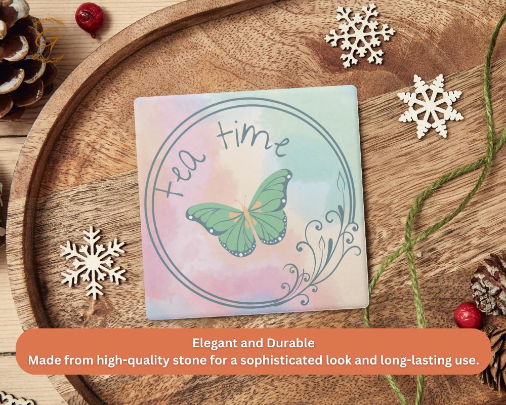 Elegant Square Stone Coasters with Tea Time & Butterfly Design