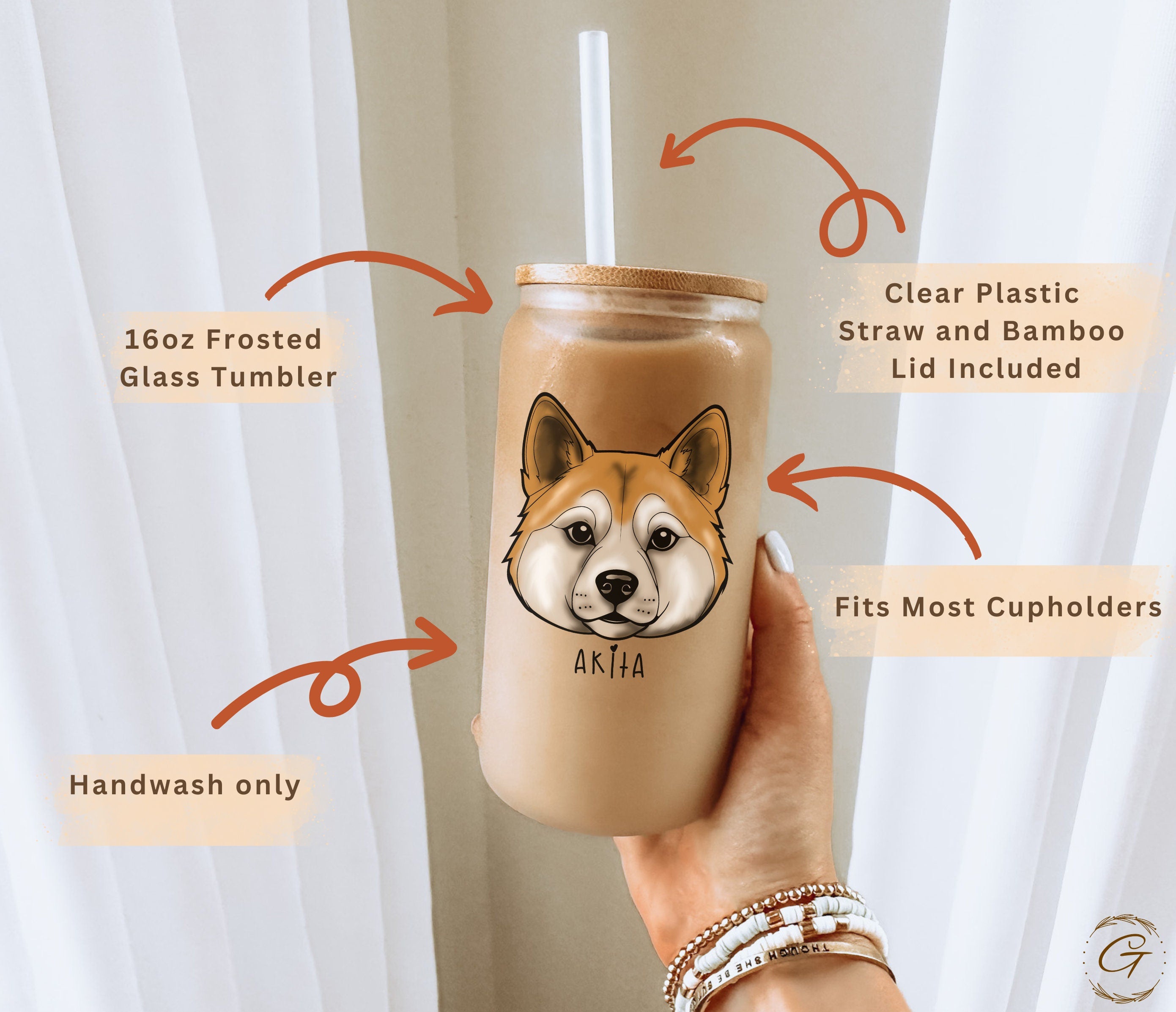 Akita Design Frosted Glass Tumbler with Personalized Name, Unique Dog Lover Gift Customized Drinkware for Dog Lover Gift Pet Lover Drinkware