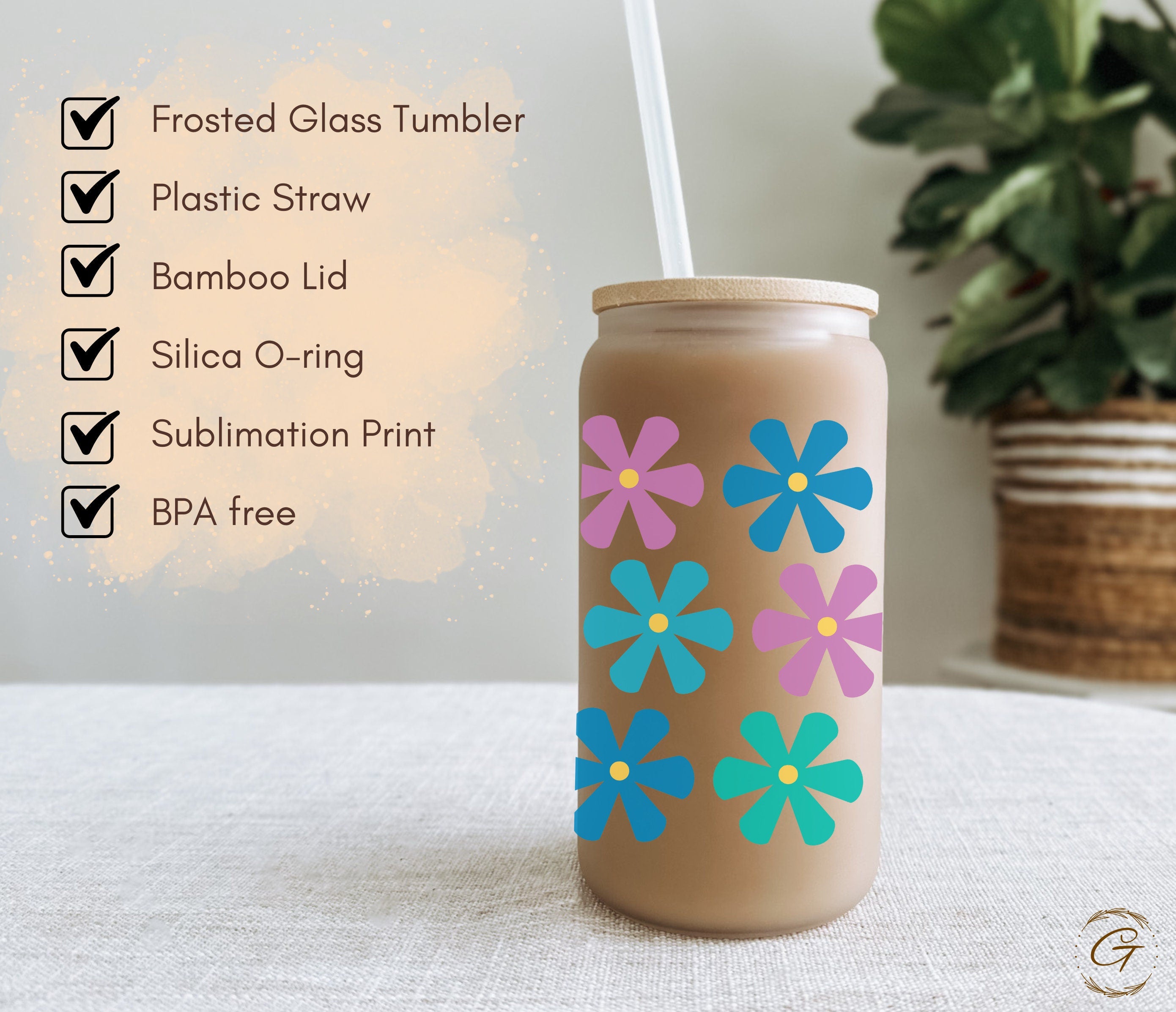 Daisy Flowers Frosted Libbey Glass 16oz Floral Print Iced Coffee Glass, Perfect for Summer Beverage, Birthday Gift for Her, Best Friend Gift